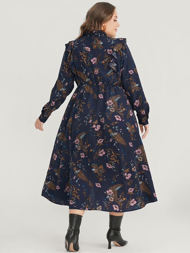 Floral Pocket Knotted Neck Ruffle Trim Split Dress-Sweetccc