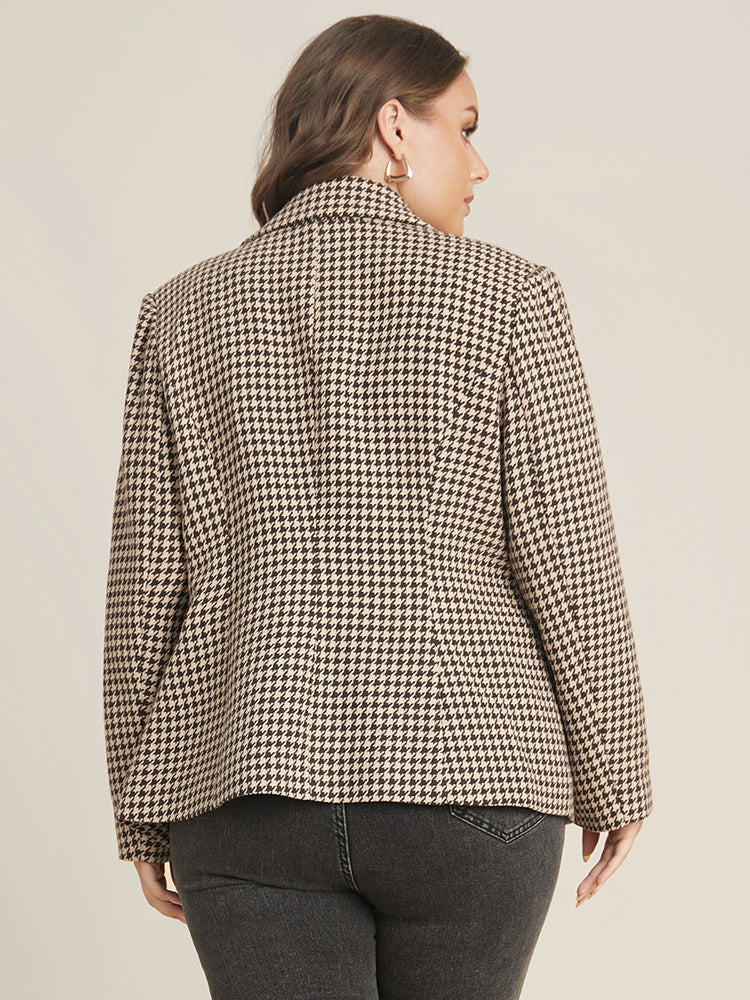 Houndstooth Suit Collar Pocket Button Down Coat-Sweetccc