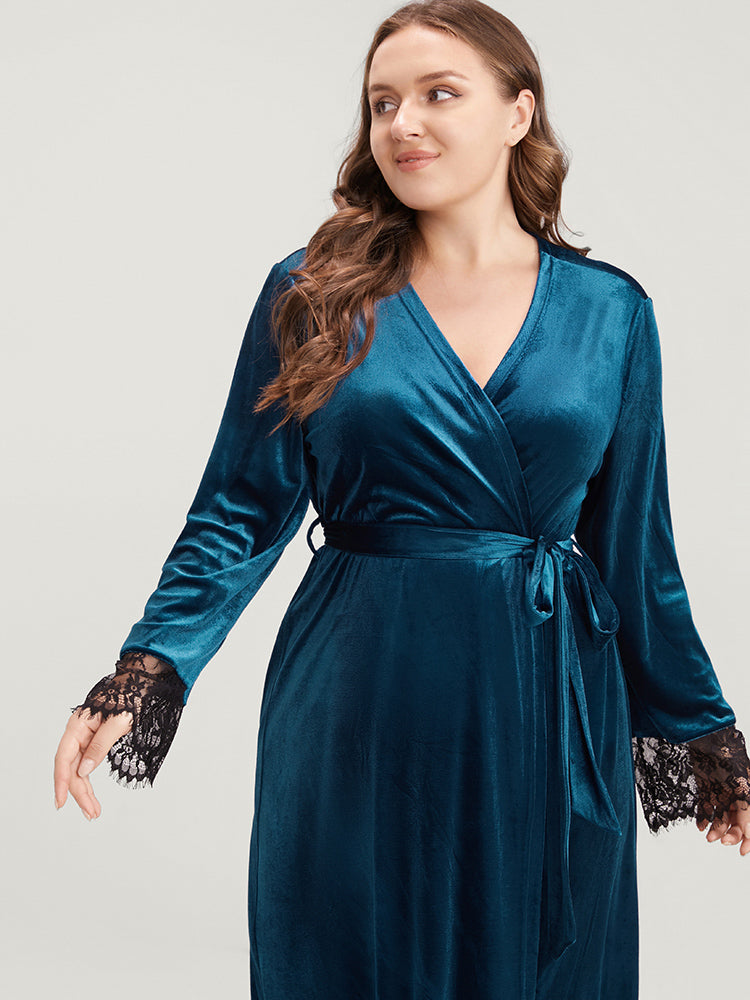 Solid Lace Trim Belted Wrap Velvet Midi Dress-Sweetccc