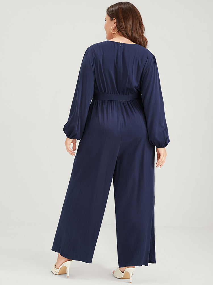 Solid Pocket Lantern Sleeve Embroidered Belted Jumpsuit-Sweetccc