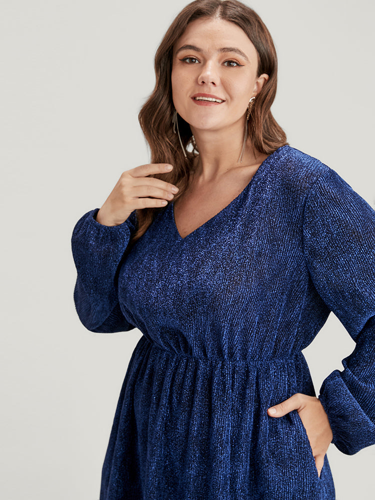 Solid Lantern Sleeve Sequin Split Hem Dress-Sweetccc