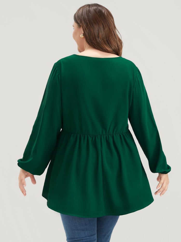 Solid Lantern Sleeve High Low Hem Flutter Blouse-Sweetccc