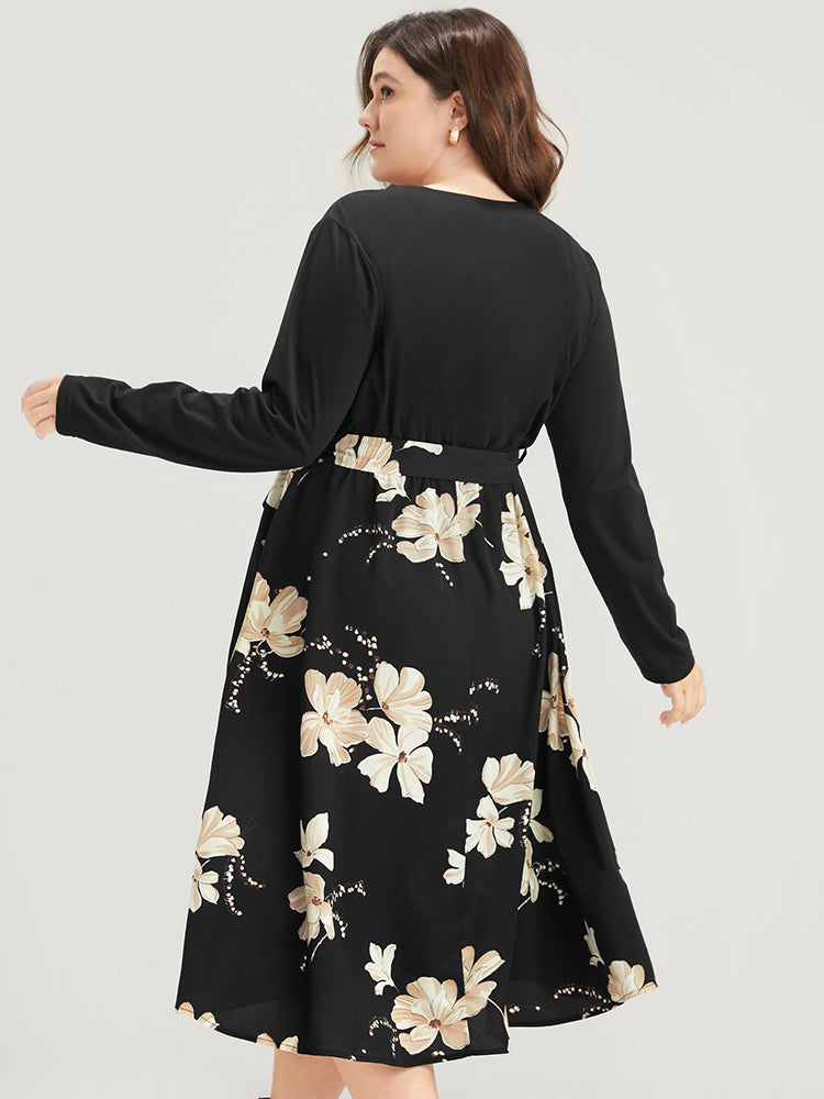 Floral Print Keyhole Round Neck Pocket Belted Dress-Sweetccc