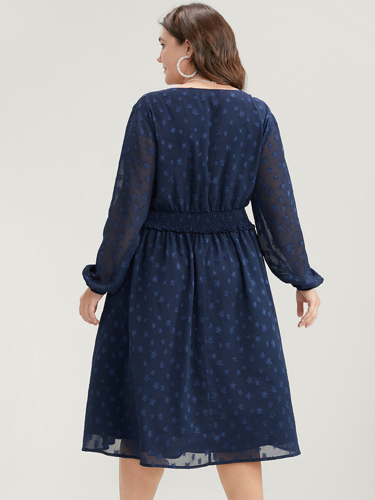Star Print Pocket Lantern Sleeve Shirred Chiffon Dress-Sweetccc