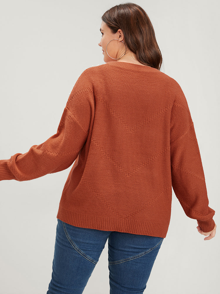 Solid Pointelle Knit Pearls Beaded Knit Top-Sweetccc