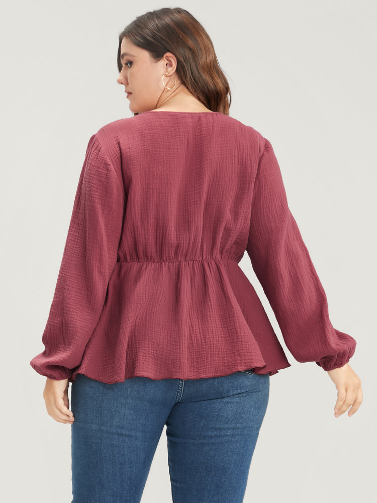 Solid Lantern Sleeve Asymmetrical Hem Wrap Blouse-Sweetccc