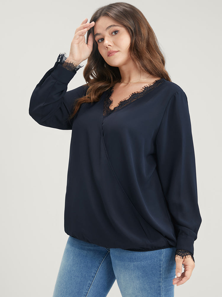 Solid Lace Trim Wrap Blouse-Sweetccc