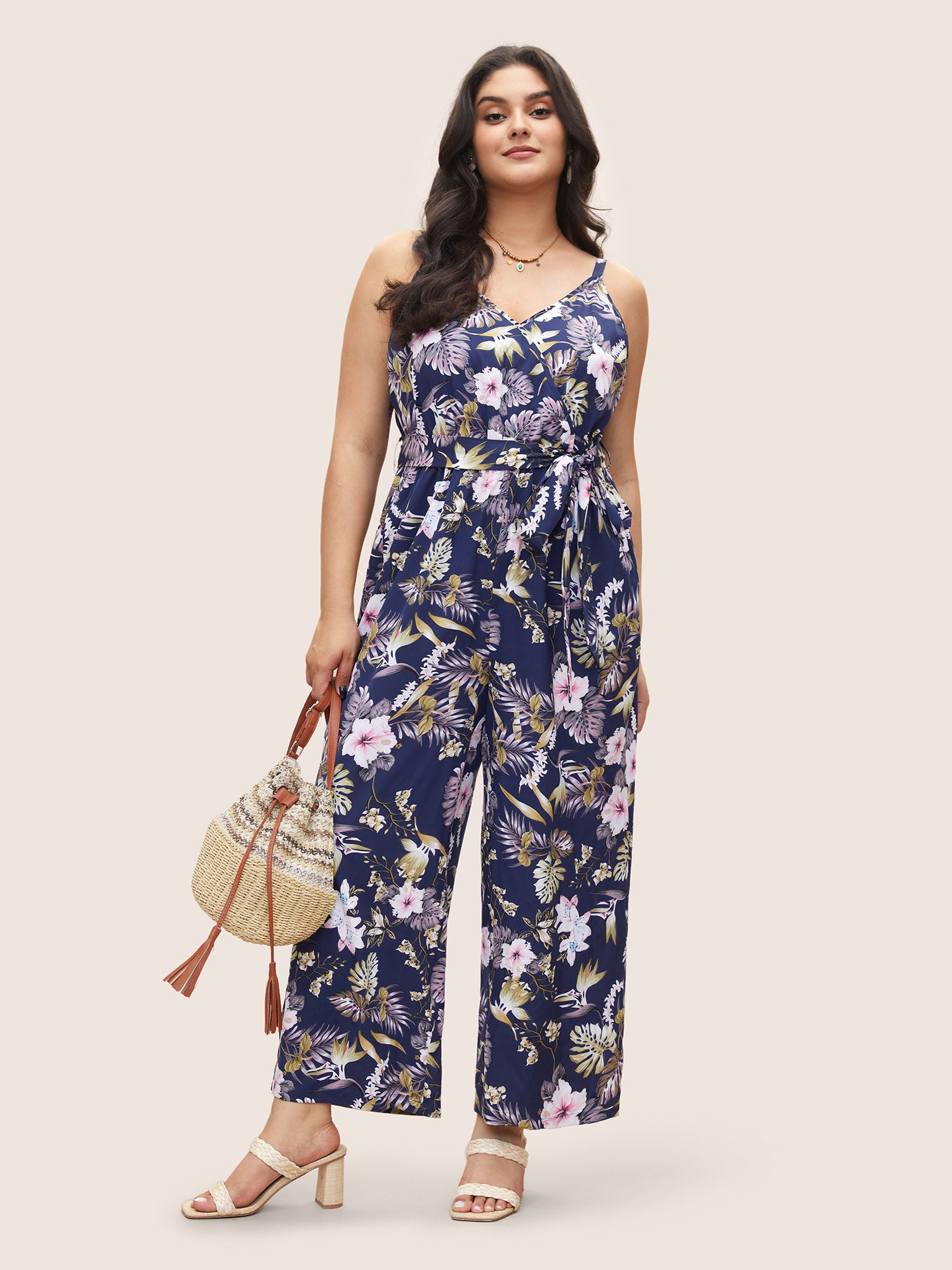 Floral Belted Pocket Wrap Cami Jumpsuit-Sweetccc