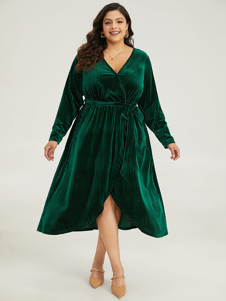 Velvet Rib Knit Wrap Hem Pocket Belted Dress-Sweetccc