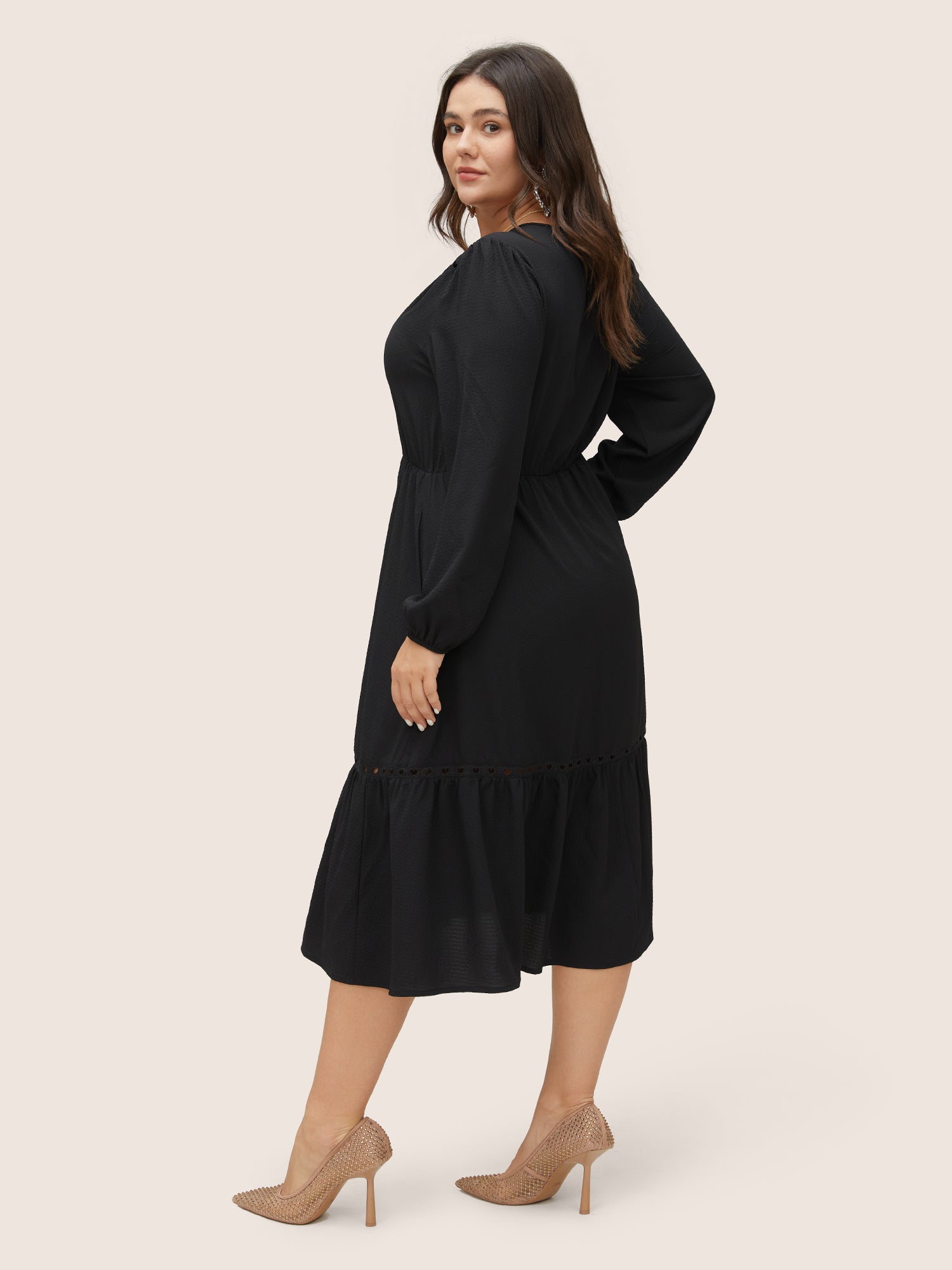 Hollow Out Lantern Sleeve Flutter Layered Hem Dress-Sweetccc