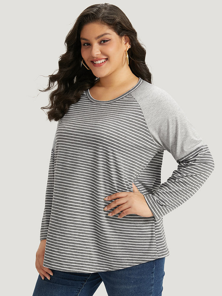 Striped Patchwork Crew Neck Raglan Sleeve T-shirt-Sweetccc