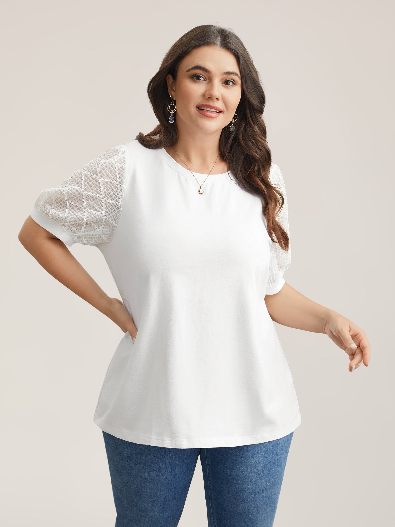 Textured Bubble Lantern Sleeve T-Shirt-Sweetccc