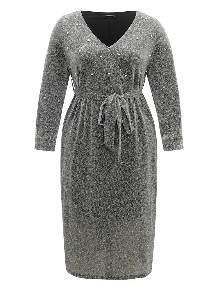 V Neck Pearl Beaded Belted Dress-Sweetccc