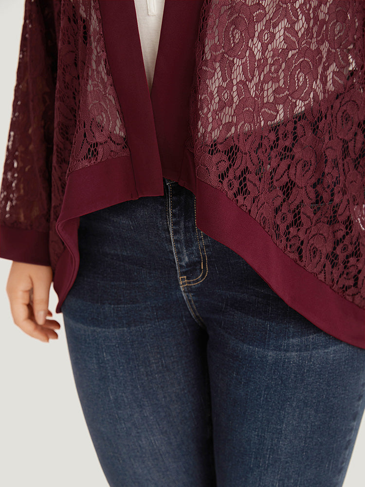 Supersoft Essentials Crochet Lace Mesh Open Front Asymmetrical Hem Kimono-Sweetccc