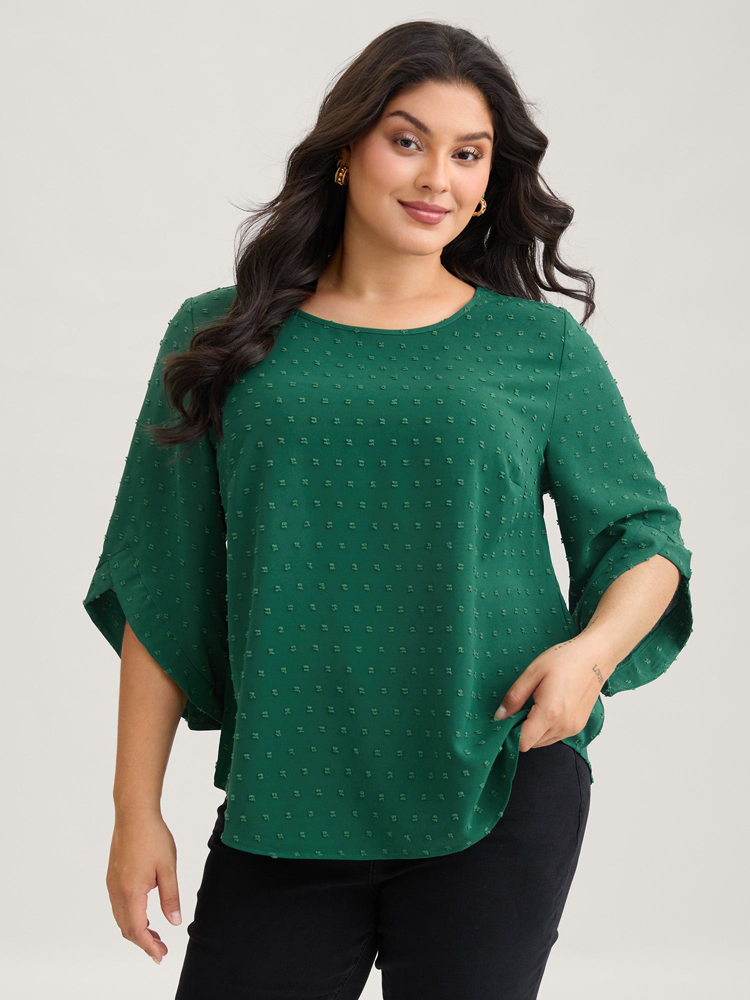 Textured Round Neck Bell Sleeve Blouse-Sweetccc