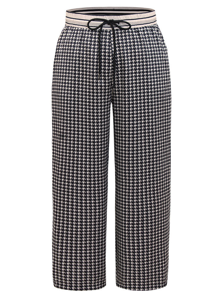 Houndstooth Drawstring Straight Leg Pants-Sweetccc