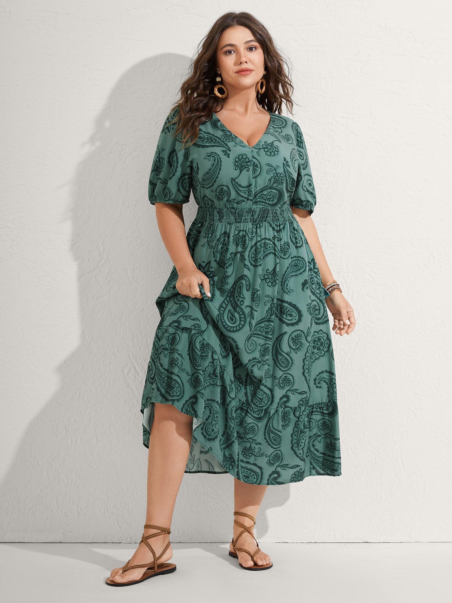 Paisley Print Shirred Waist Midi Dress-Sweetccc