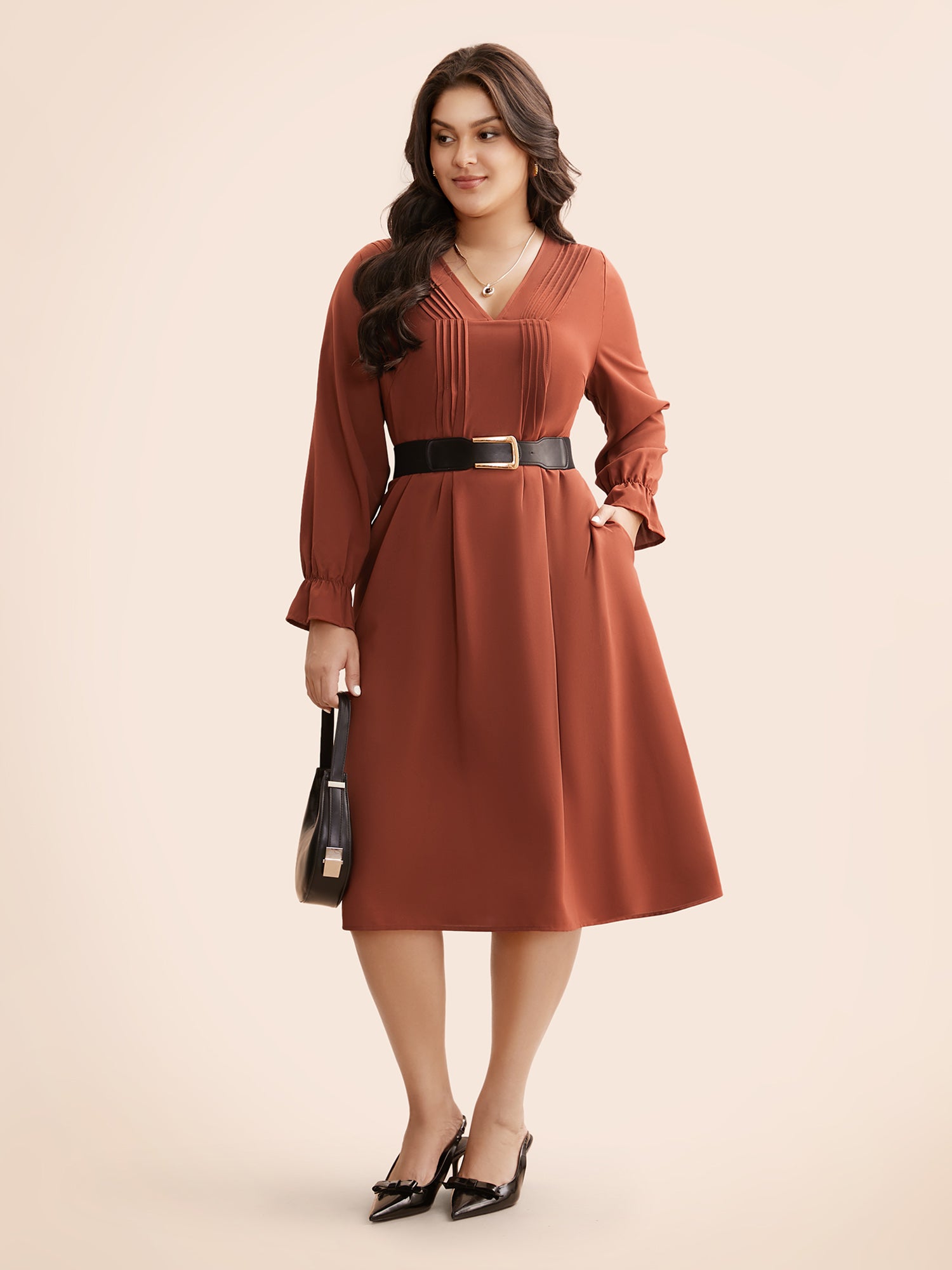 V Neck Pleated Lantern Sleeve Dress-Sweetccc
