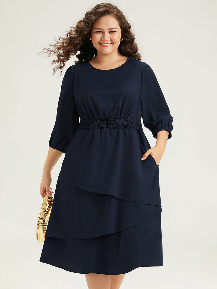 Twill Flutter Shirred Asymmetrical Layered Hem Dress-Sweetccc