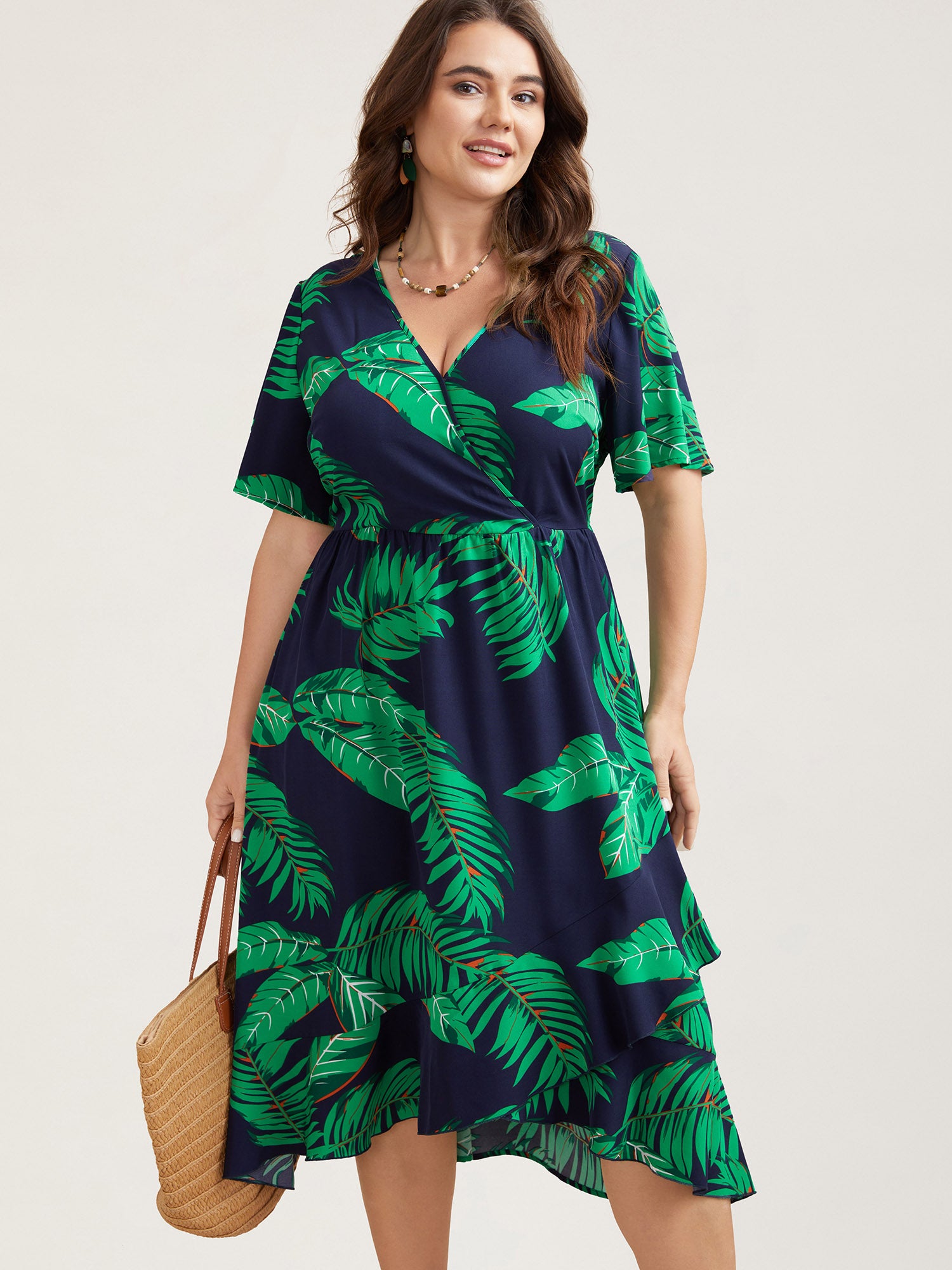 Tropical Leaf Print Surplice Neck Midi Dress-Sweetccc