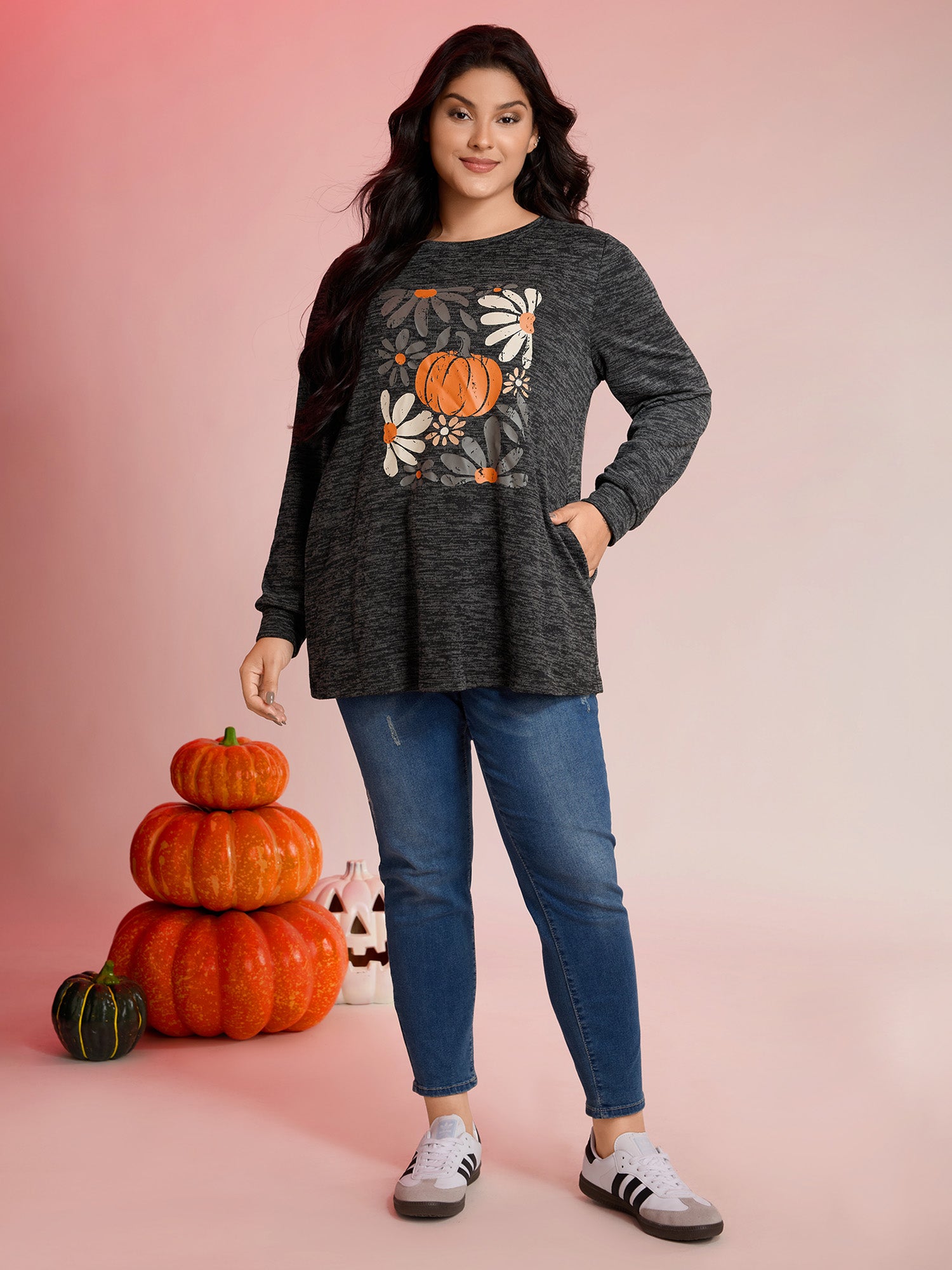 Halloween Pumpkin Floral Pockets Tunic Top-Sweetccc