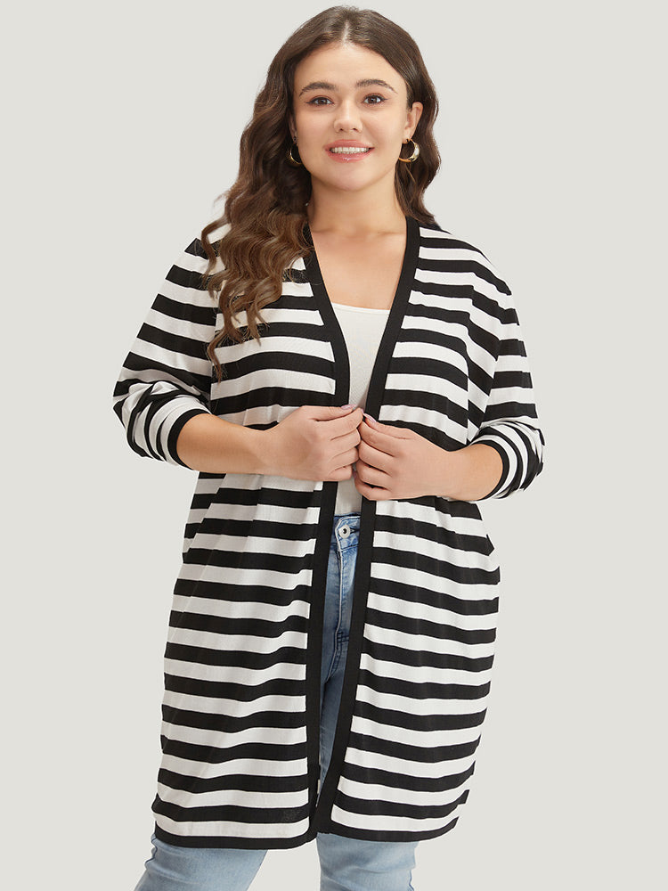 Striped Open Front Drop Shoulder Tunic Cardigan-Sweetccc
