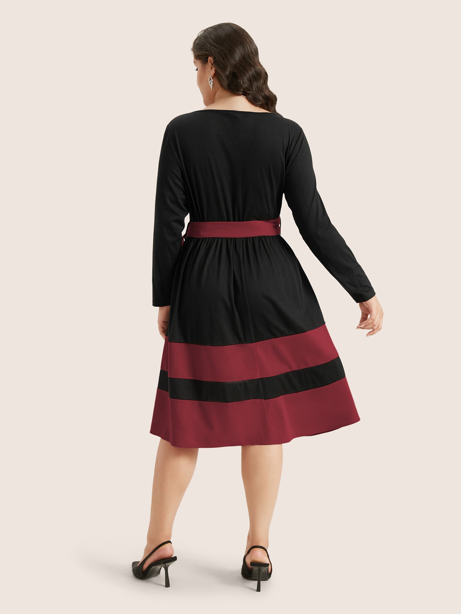 Two Tone Belted Bowknot Square Neck Dress-Sweetccc