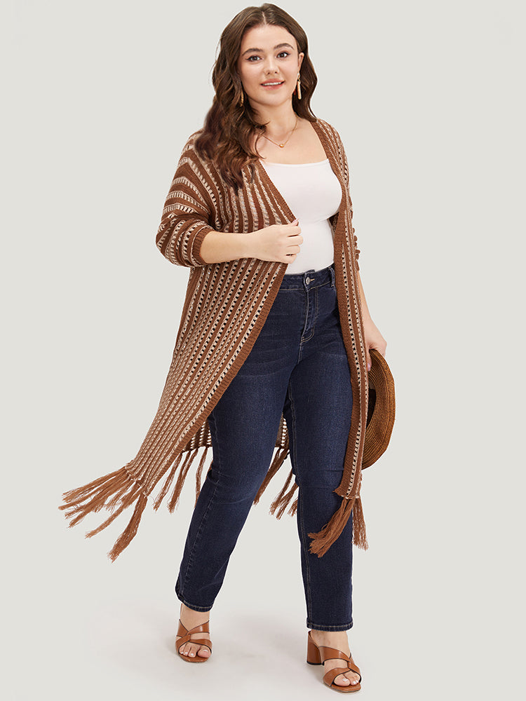 Striped Open Front Tassel Trim Hollow Out Cardigan-Sweetccc