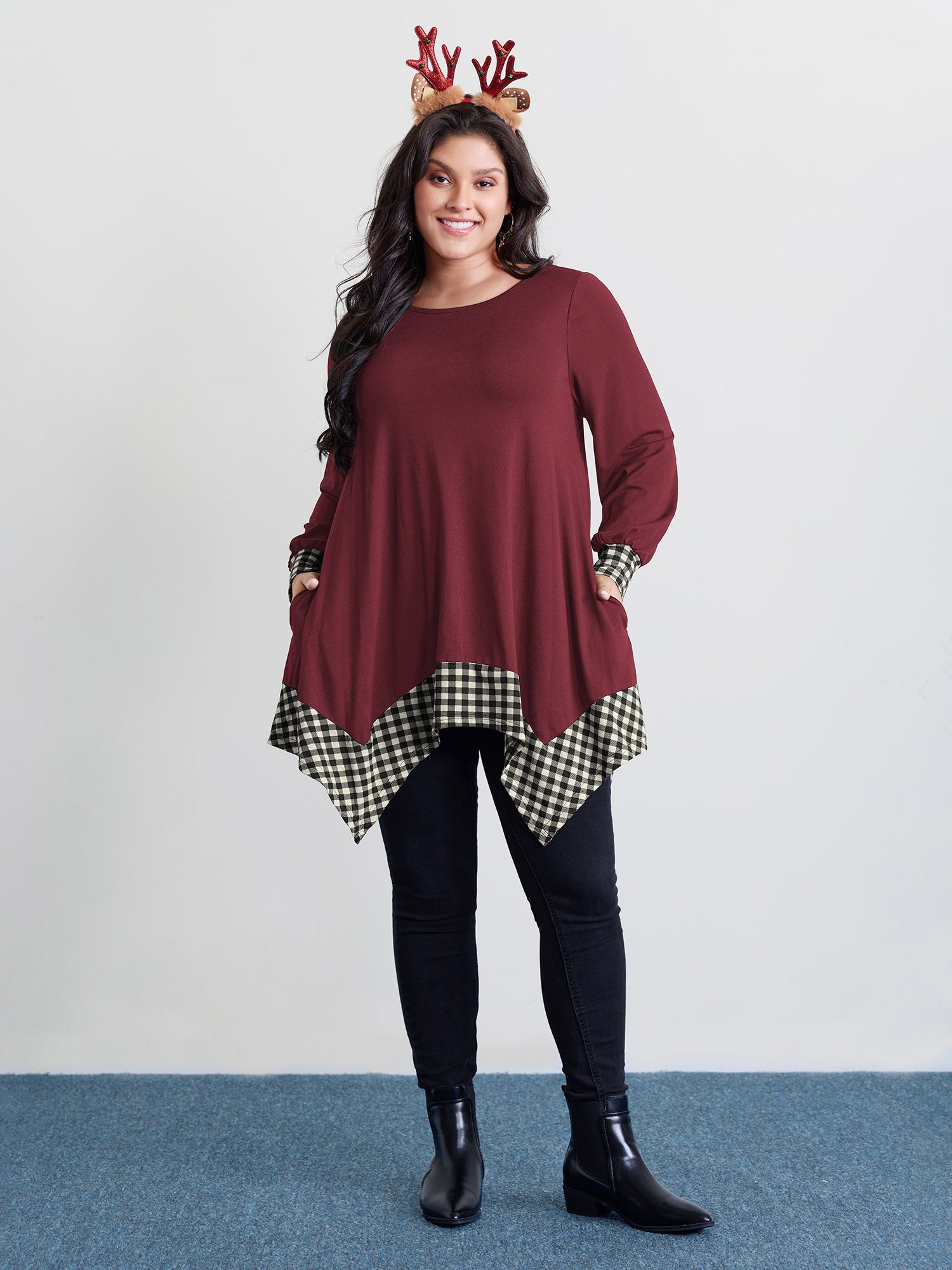 Supersoft Stretchy Checkered Asymmetrical Hem T-Shirt-Sweetccc