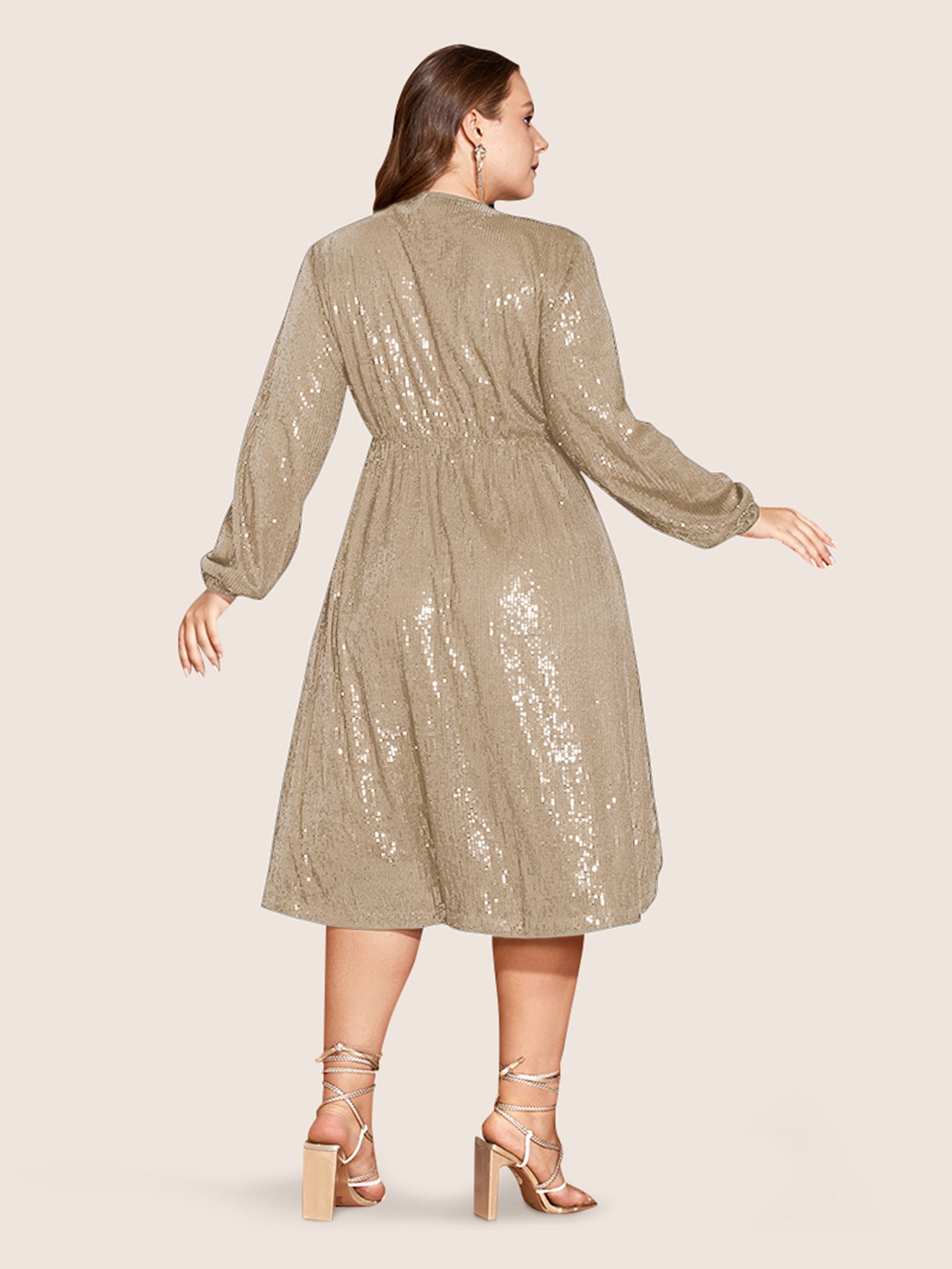 Solid Pocket Lantern Sleeve Wrap Sequin Dress-Sweetccc