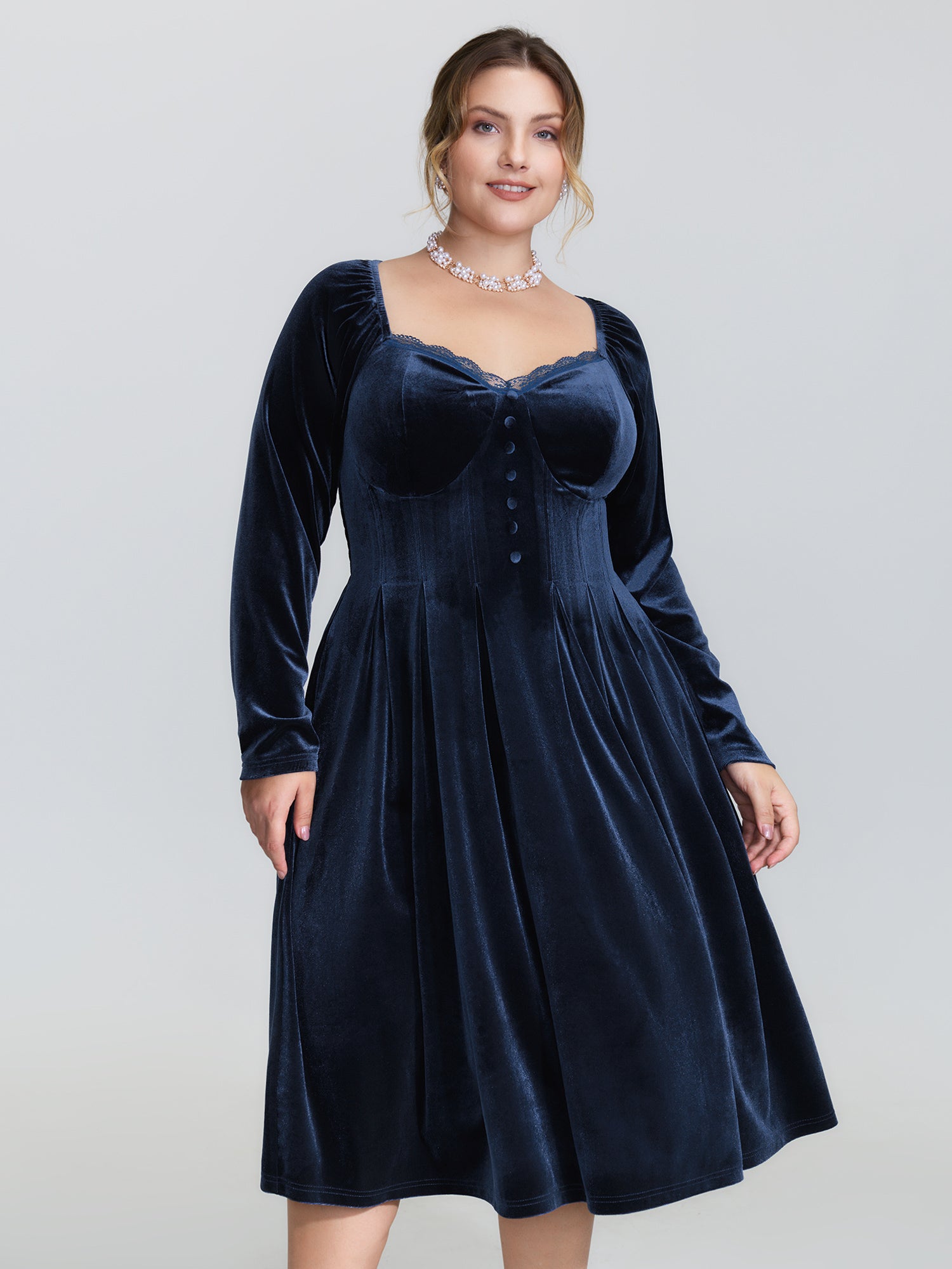 Velvet Lace Trim Stitch Shirred Midi Dress-Sweetccc