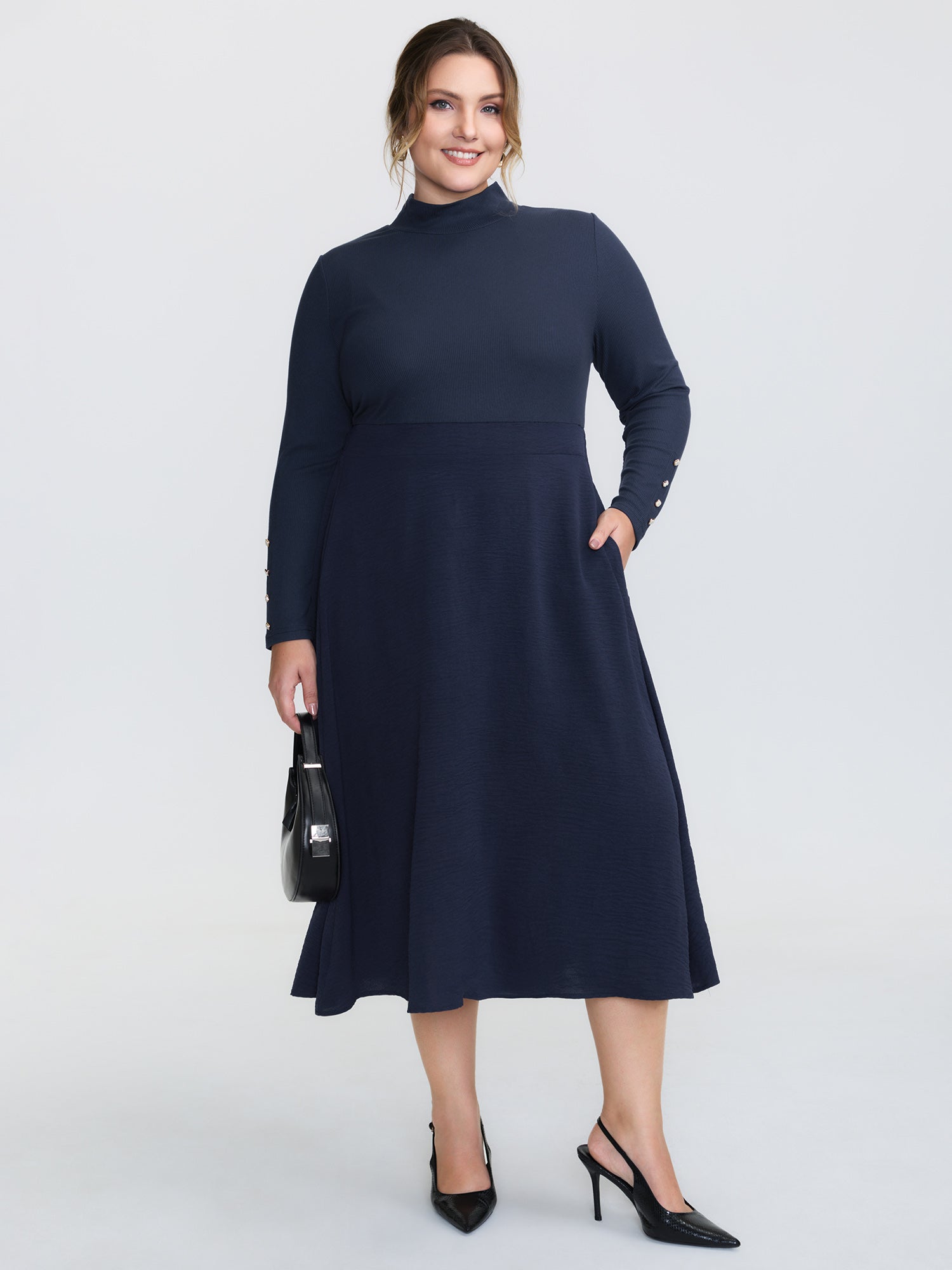 Mock Neck Waist-Defining Button Midi Dress-Sweetccc