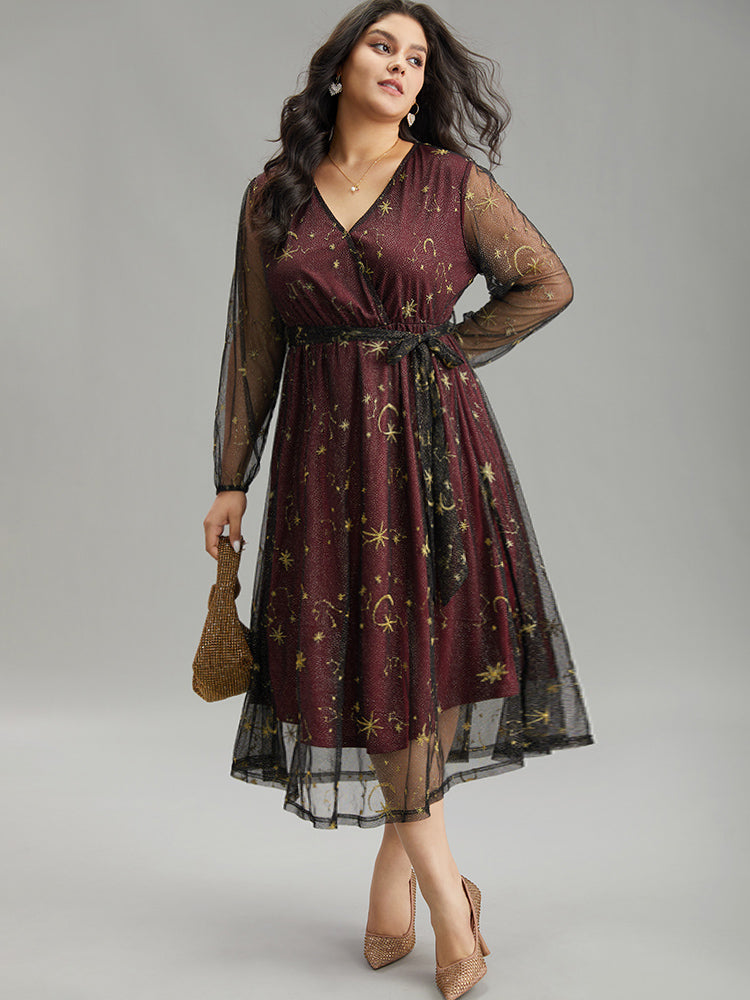 Moon & Star Embroidered Mesh Wrap Dress-Sweetccc
