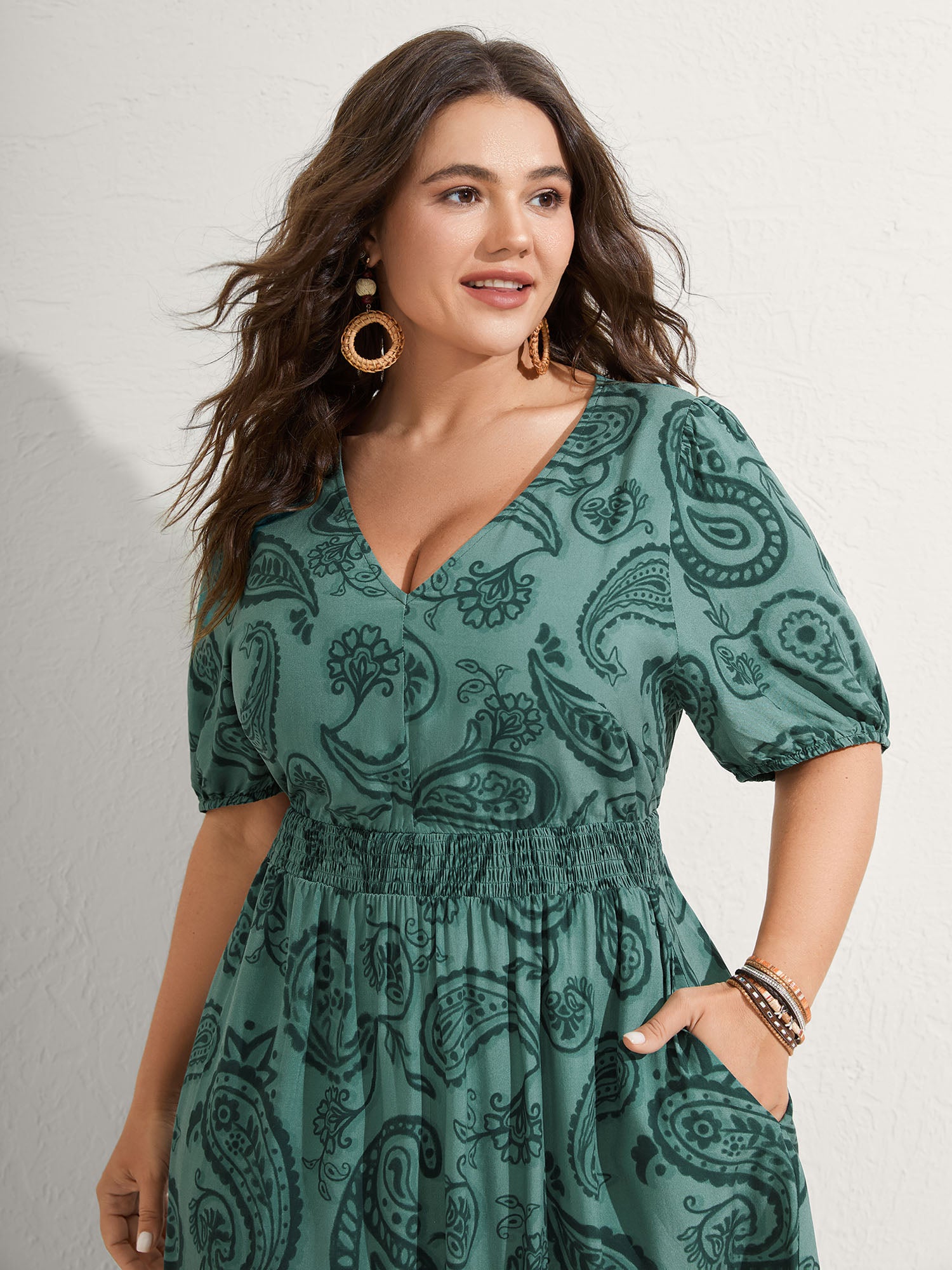 Paisley Print Shirred Waist Midi Dress-Sweetccc