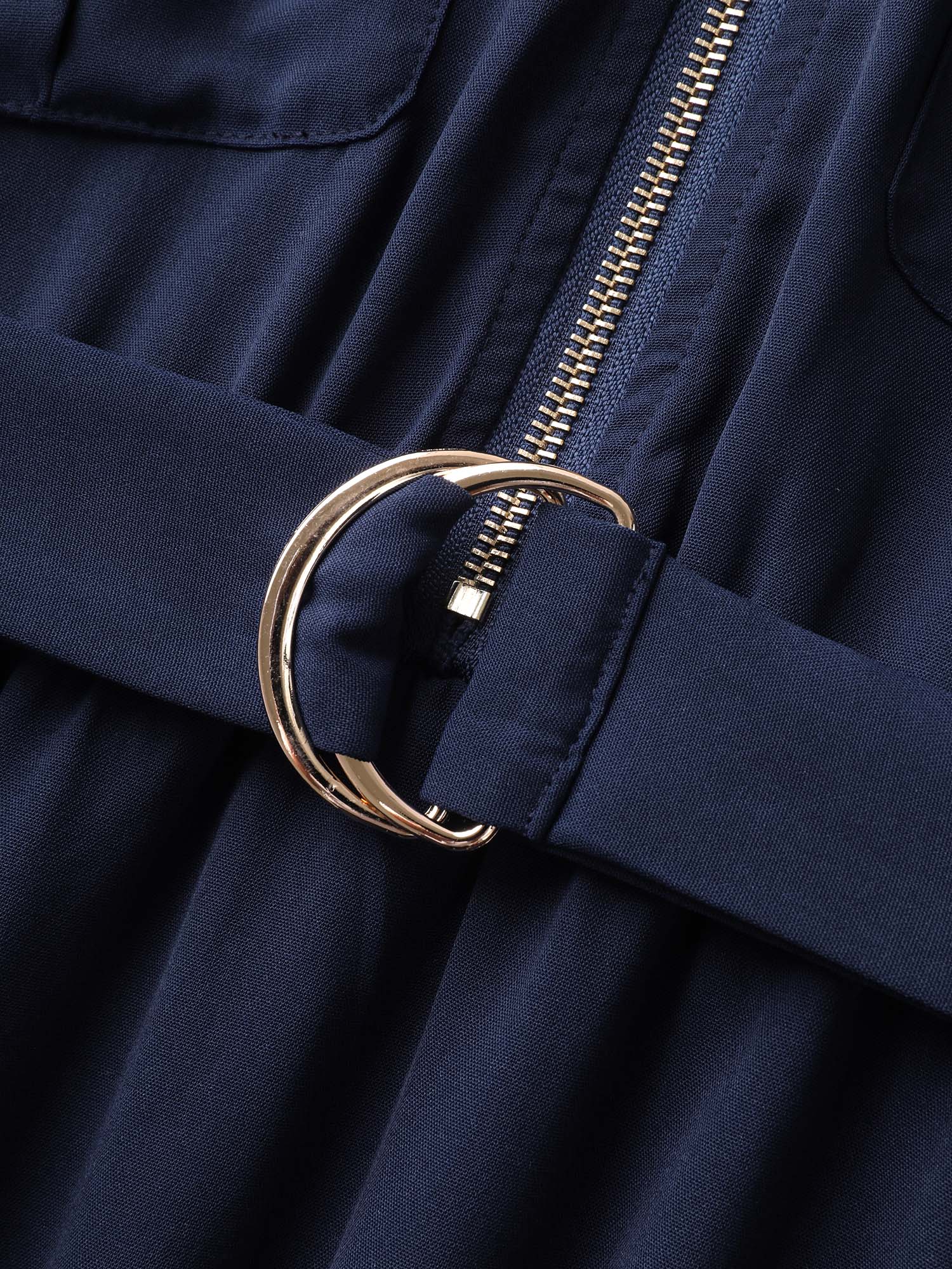 Half Zipper Pockets Belted Midi Dress-Sweetccc