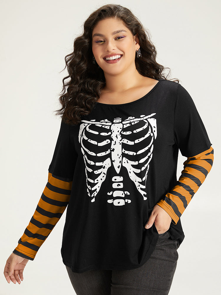 Halloween Striped & Skull Print Patchwork T-shirt-Sweetccc