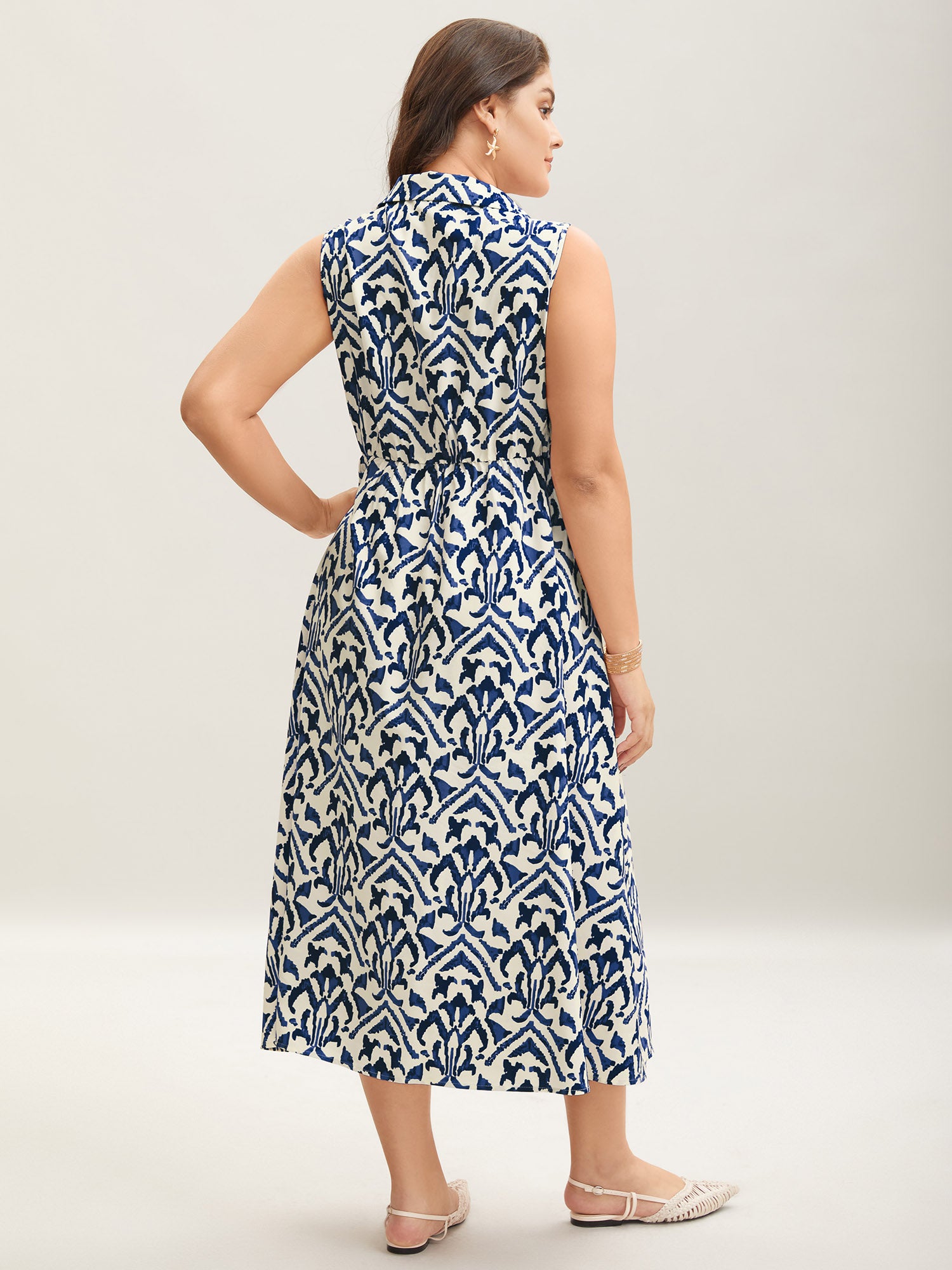 Spring Abstract Print Shirt Collar Midi Dress-Sweetccc