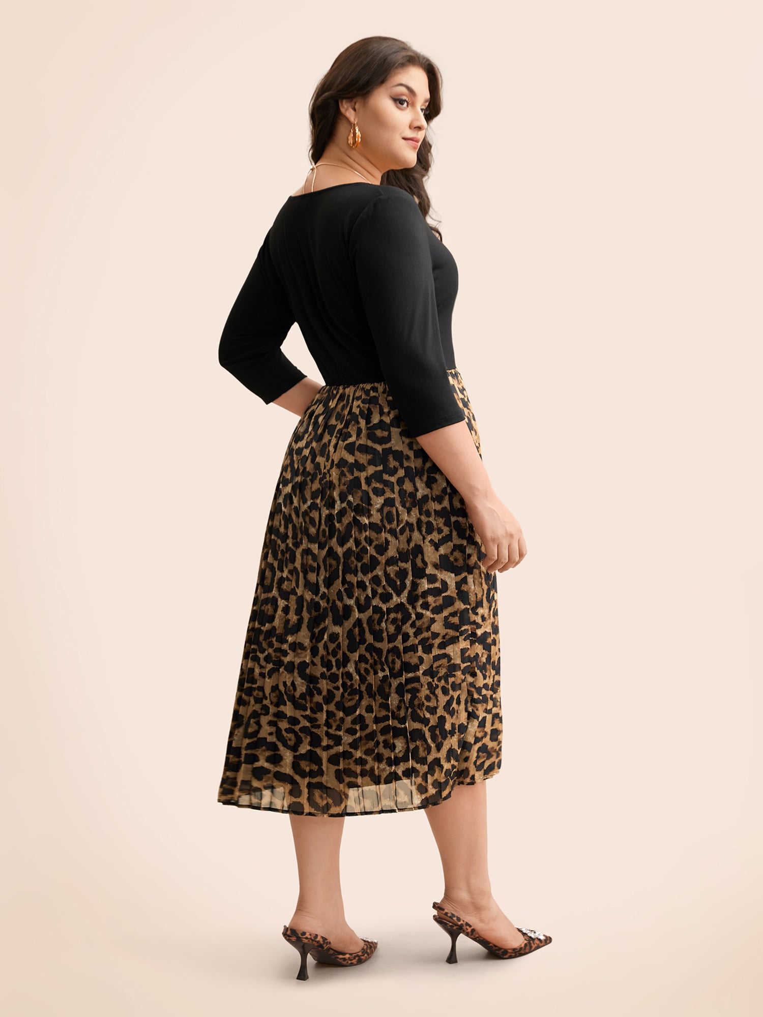 V Neck Leopard Print Patchwork Dress-Sweetccc