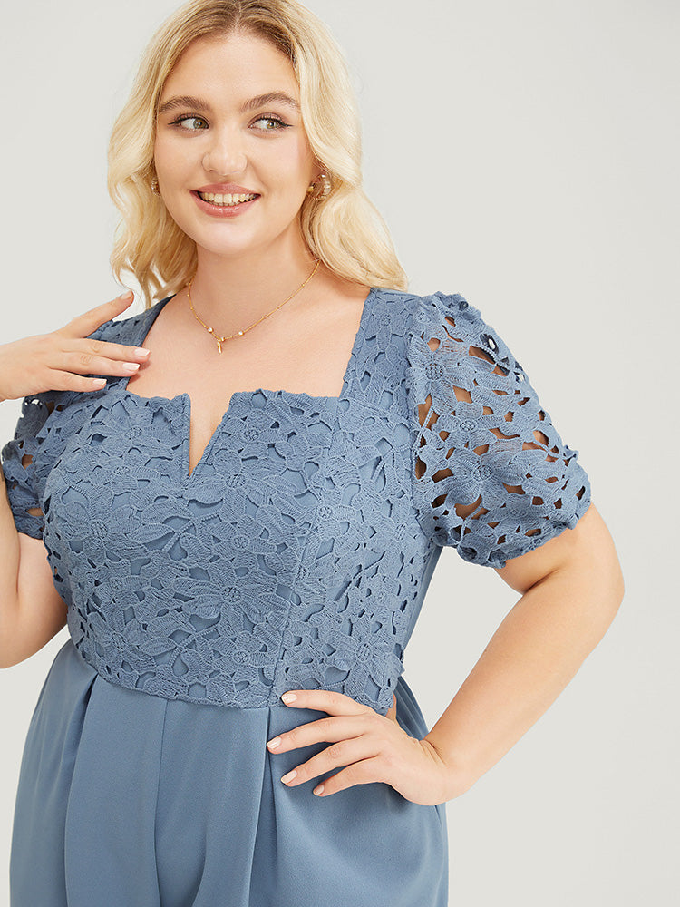 Solid Lace Notched Square Neck Pocket Pleated Jumpsuit-Sweetccc