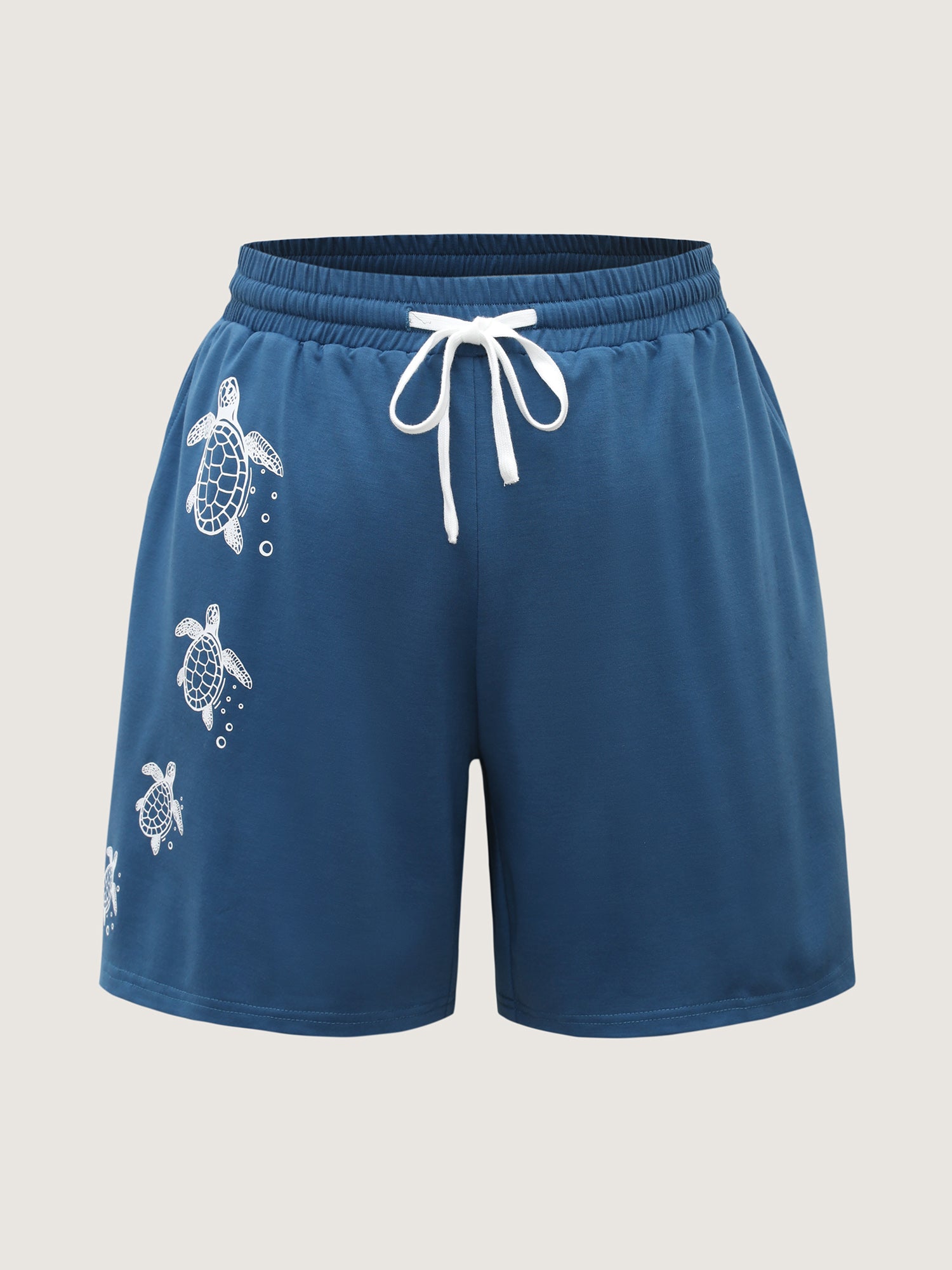 Turtle Print Drawstring Straight-Leg Shorts-Sweetccc