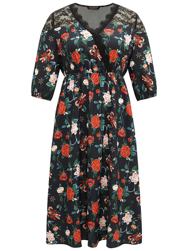 Floral Crochet Lace Mesh Overlap Collar Dress-Sweetccc