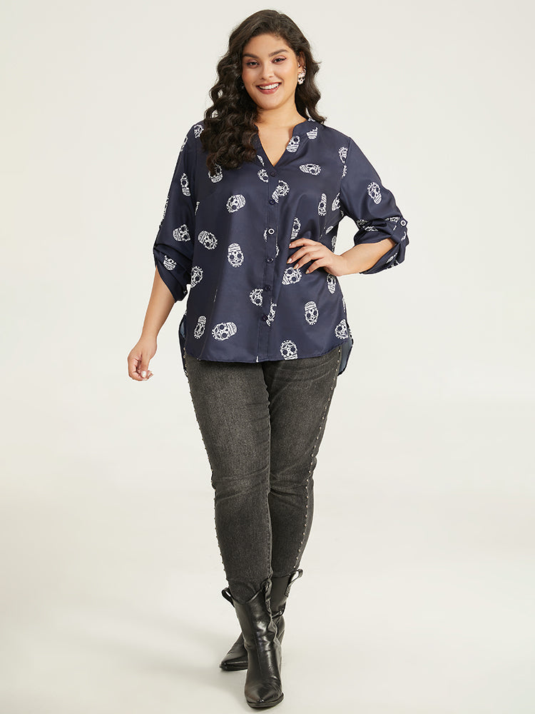 Halloween Skull Print Notched Tab Sleeve Blouse-Sweetccc