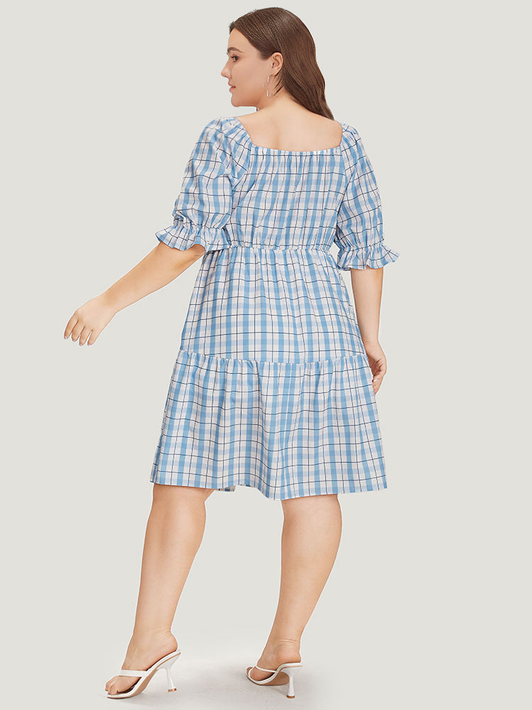 Twist Front Square Neck Ruffle Layered Hem Bell Sleeve Dress-Sweetccc