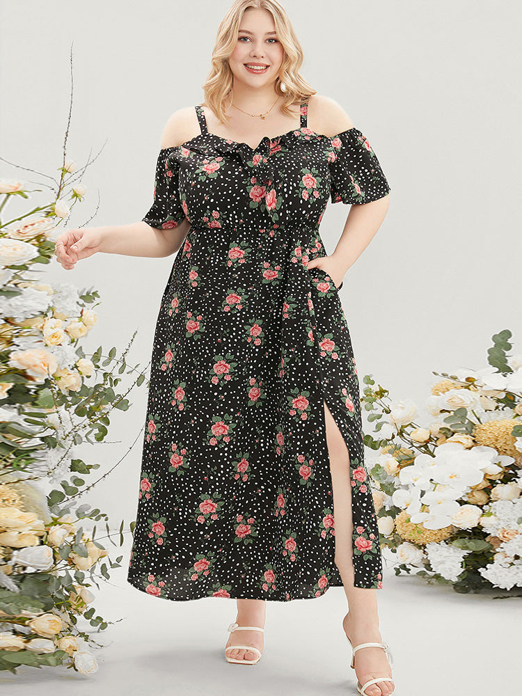 Floral & Polka Dot Ruffle Trim Pocket Cold Shoulder Split Dress-Sweetccc