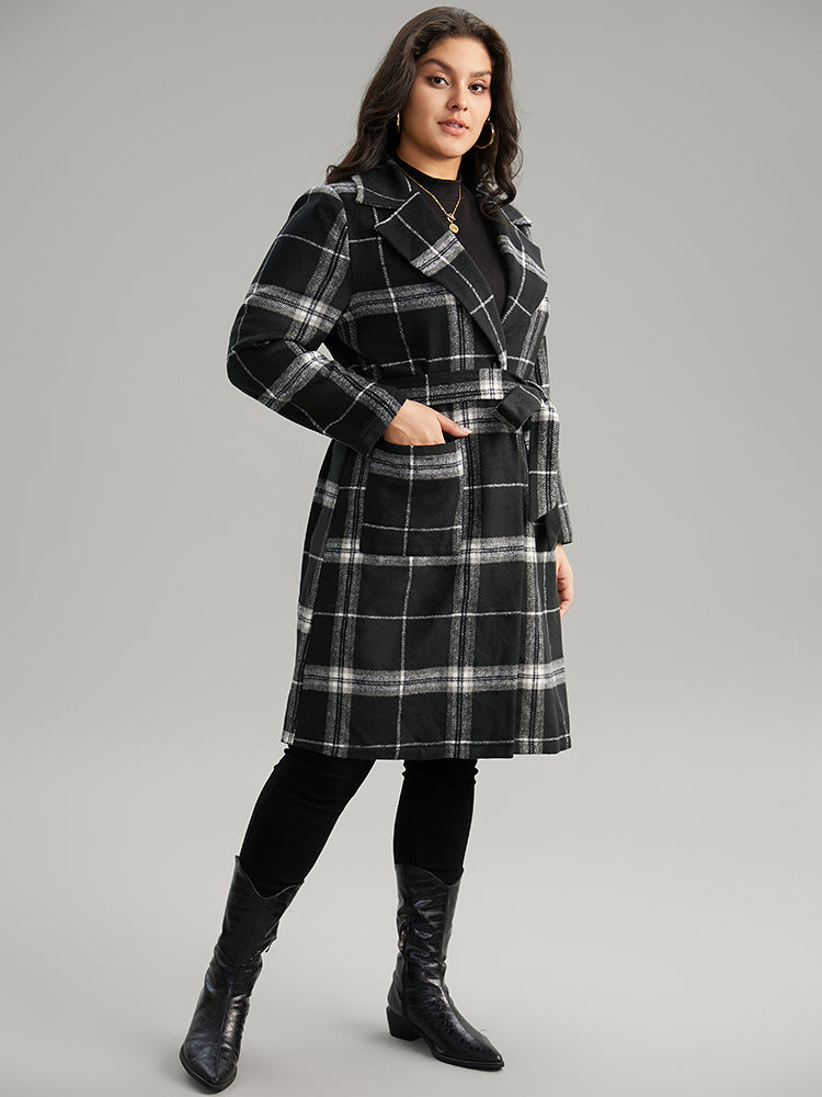 Lapel Collar Plaid Belted Contrast Coat-Sweetccc