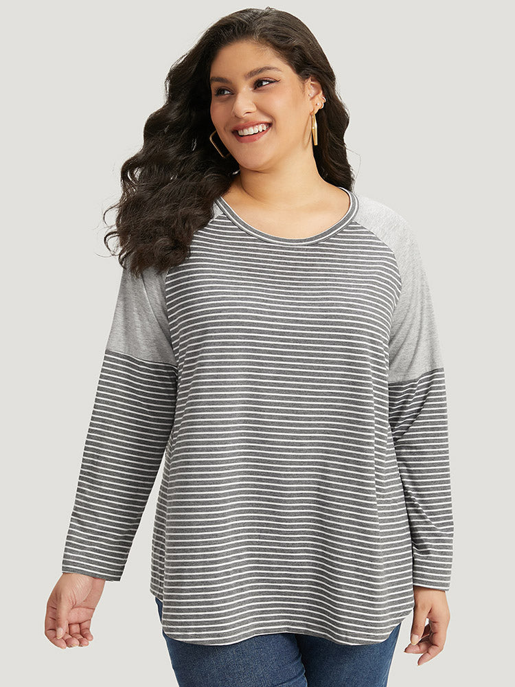 Striped Patchwork Crew Neck Raglan Sleeve T-shirt-Sweetccc