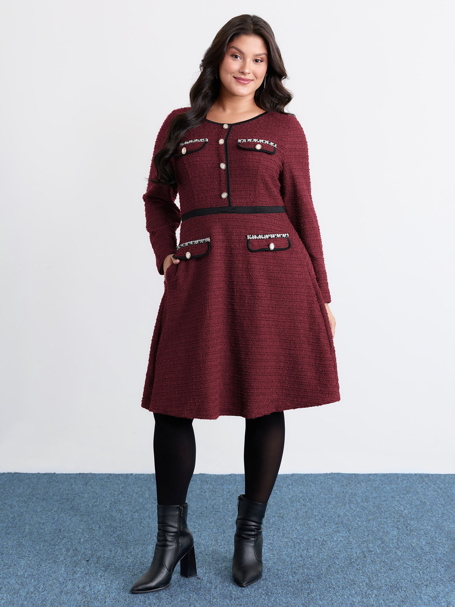 Tweed Stretchy Waist Color Contrast Midi Dress-Sweetccc