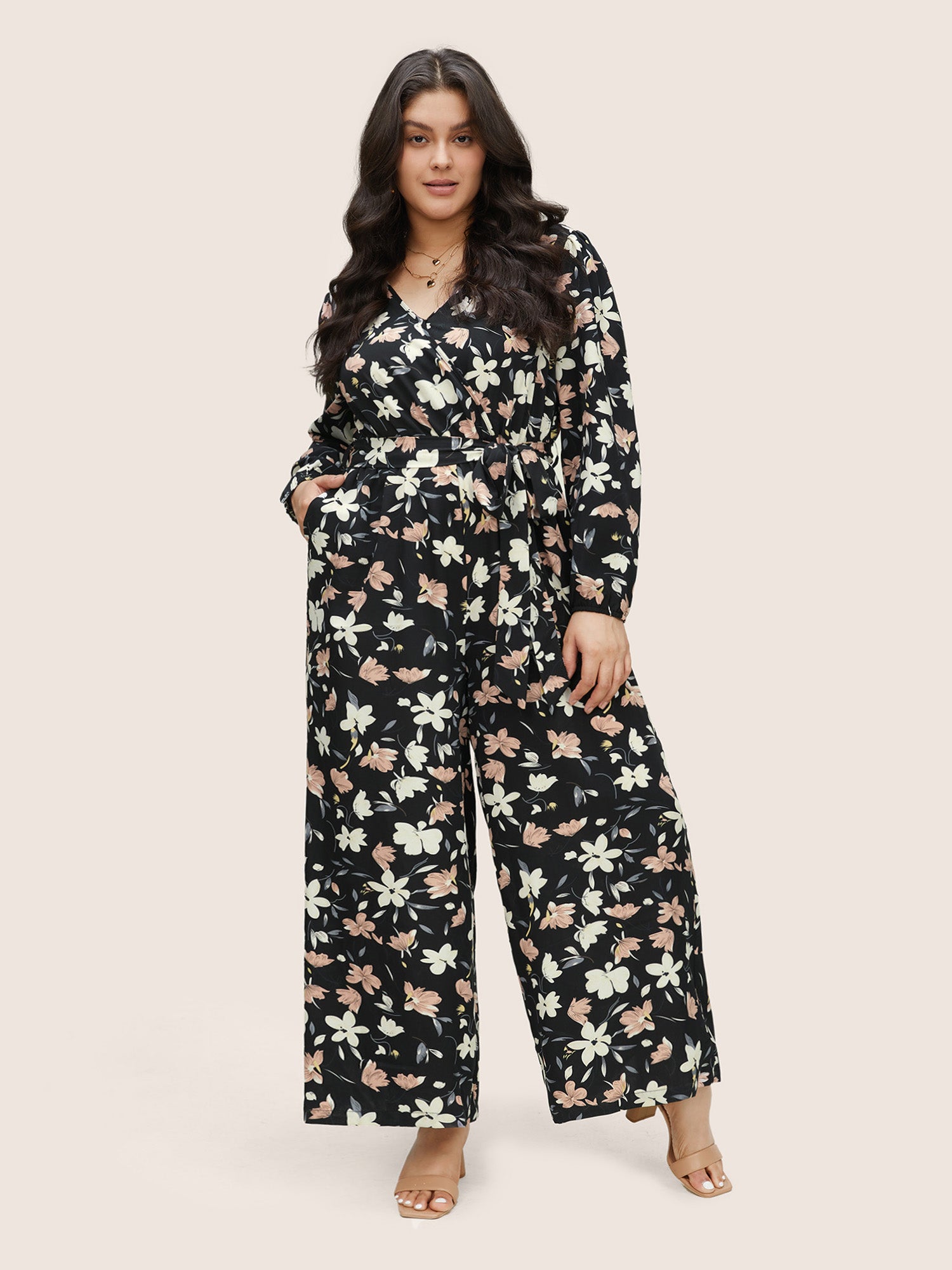 Floral Elastic Waist Belted Wrap Jumpsuit-Sweetccc
