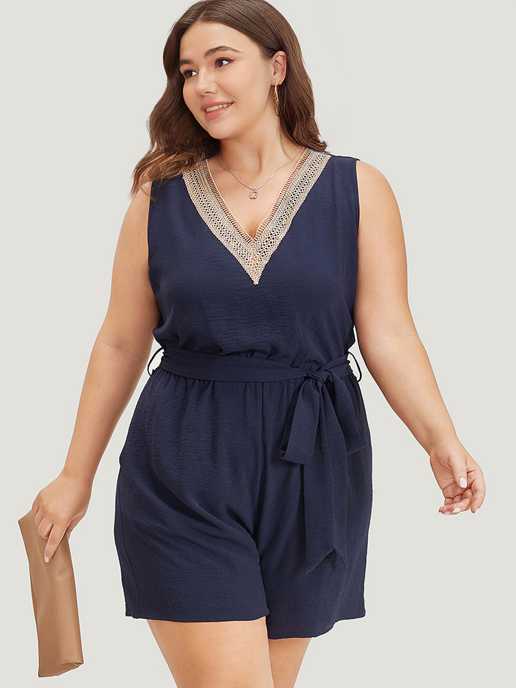 Solid Pocket Contrast Lace Belted Tank Romper-Sweetccc