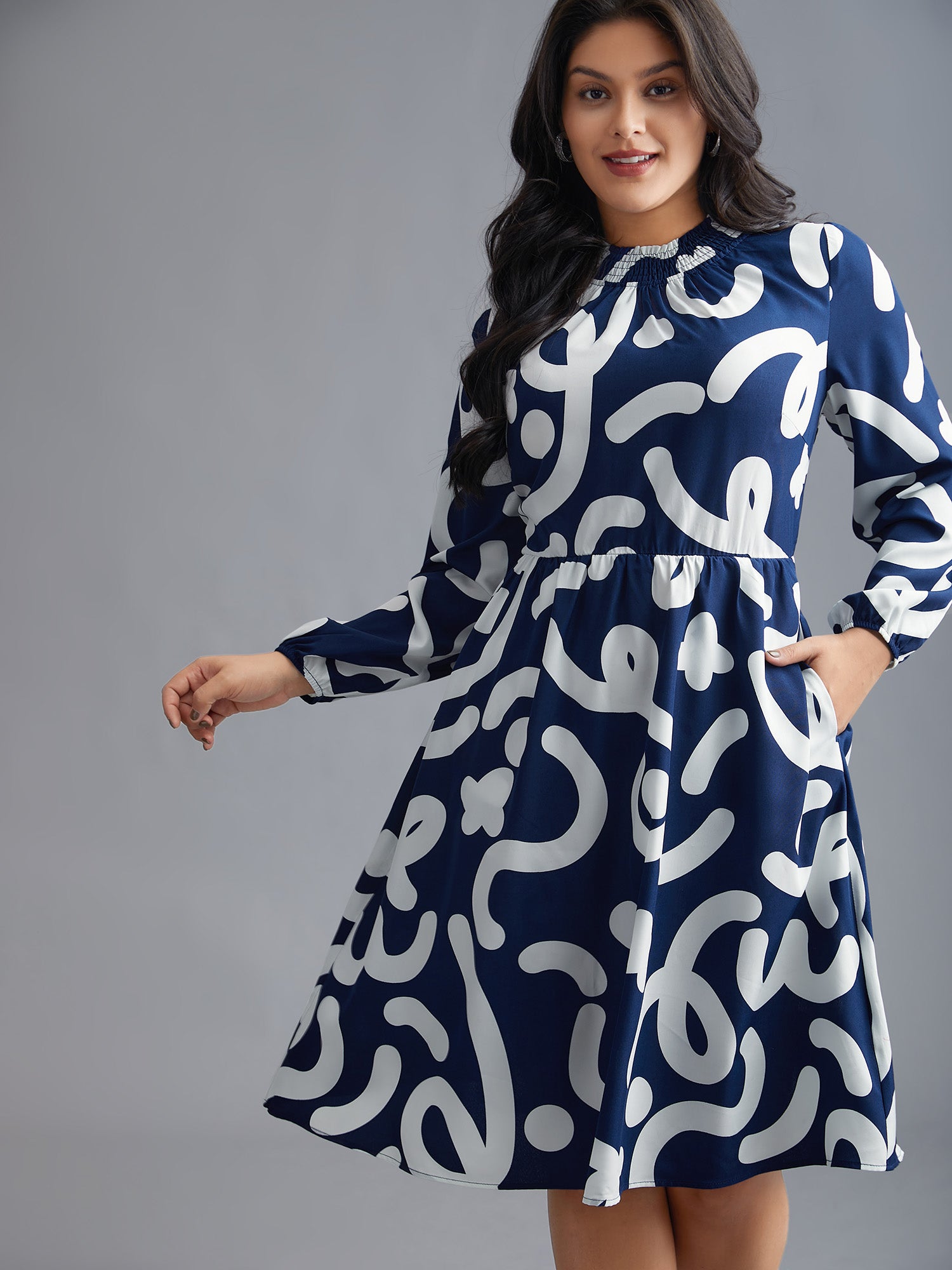 Geometric Print Shirred Pocket Dress-Sweetccc